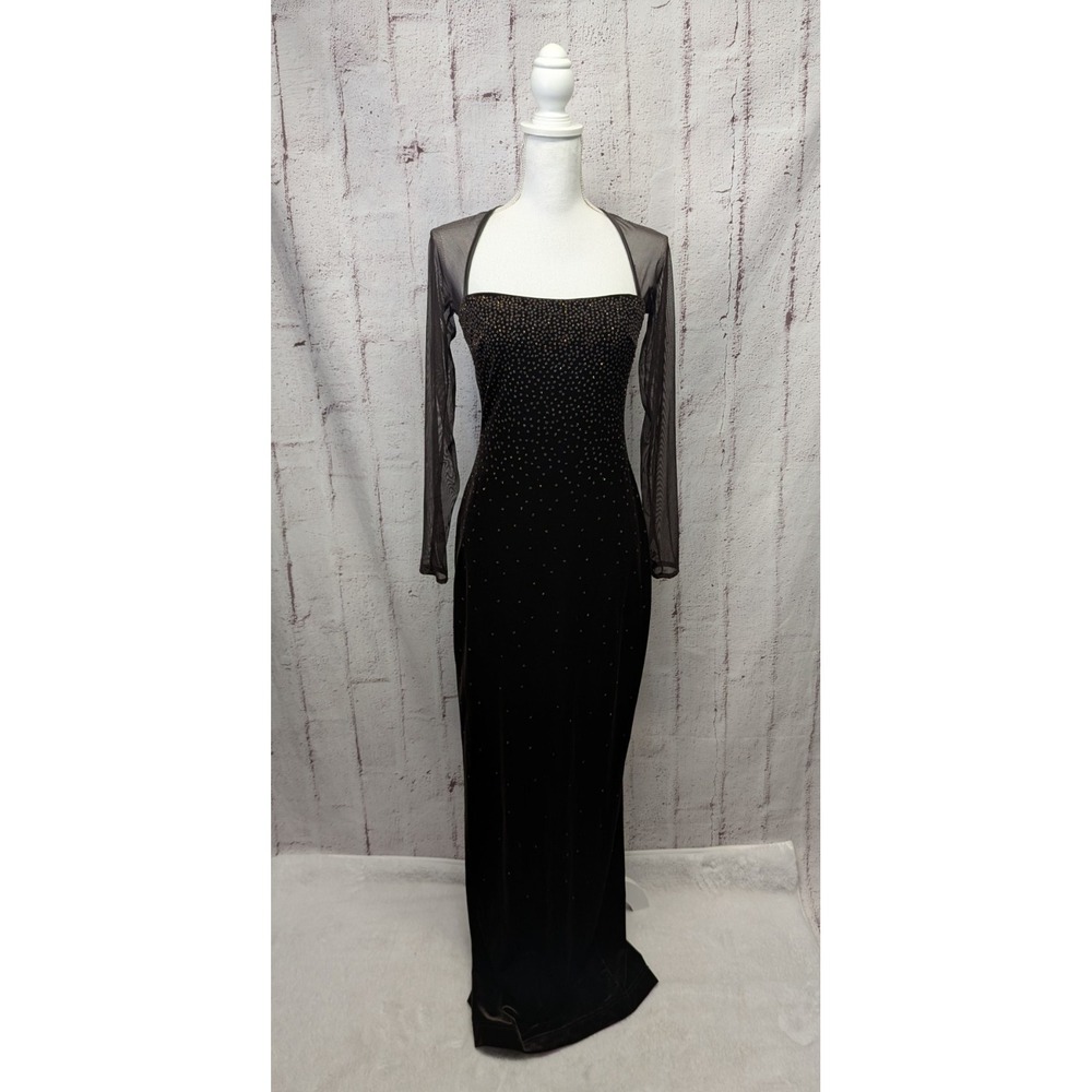 Tadashi Vtg Evening Gown Brown‎ stretchy velour beaded sheath dress Square Neck